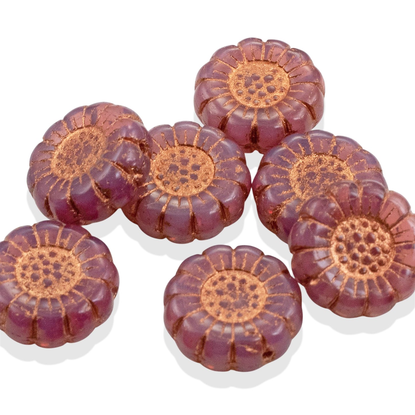Pink Opaline Sunflower Beads: Czech Glass 13mm Copper Wash 8-Pack Floral Jewelry
