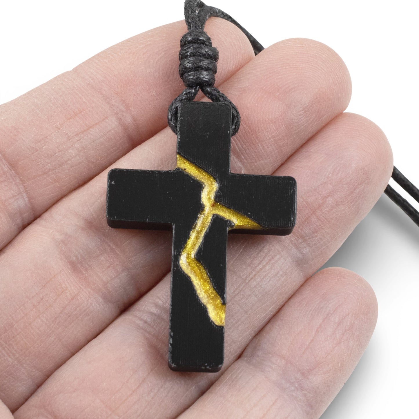 Black Kintsugi Cross Necklace, Inspirational Wearable Art, Handmade Pendant, Meaningful Gift, Japanese Philosophy Jewelry