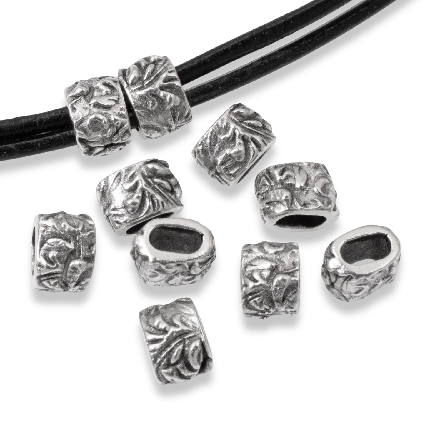 10 Antique Silver Jardin Barrel Beads - Organic Jewelry Components for Leather