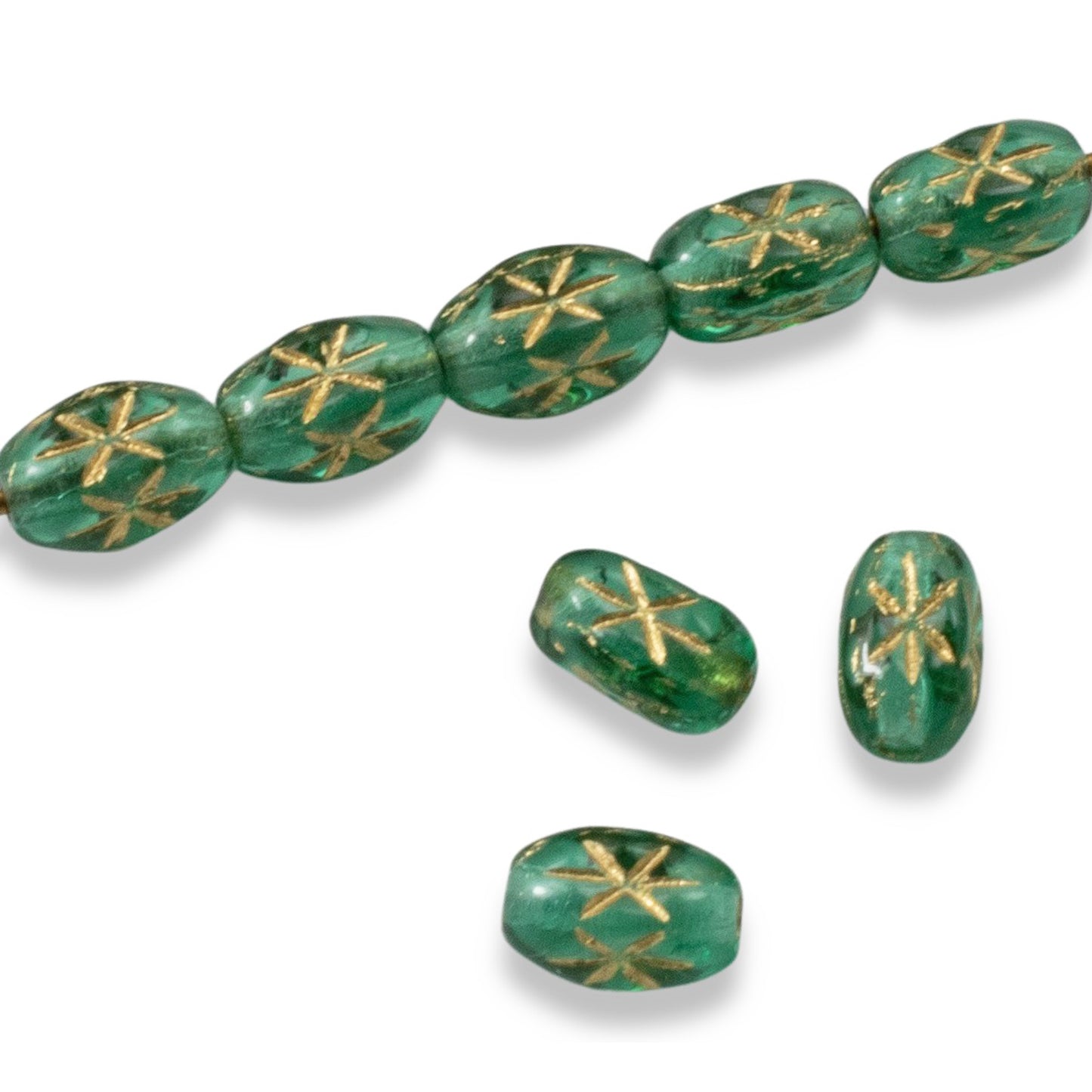 50 Teal Green Rice Beads - Etched Gold Star Design - Czech Glass - 6x4mm