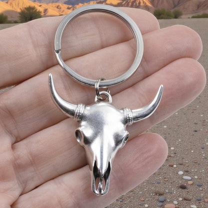 Cowgirl Keychain Western Steer Skull: Silver Longhorn Cowboy Ranch Pendant