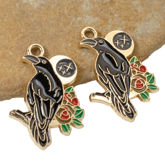 Black Raven + Moon & Rose Charms - 4-Pack Gothic Enamel Pendants for DIY Jewelry