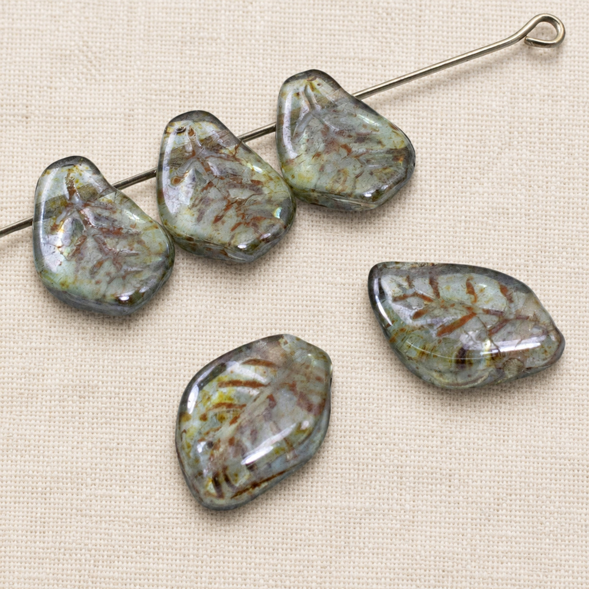 Green Leaf Beads with Bronze Wash, 25-Pack Czech Glass Autumn Nature Jewelry Making