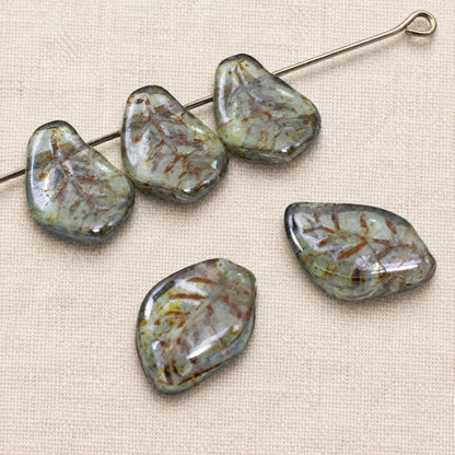 Green Leaf Beads with Bronze Wash, 25-Pack Czech Glass Autumn Nature Jewelry Making