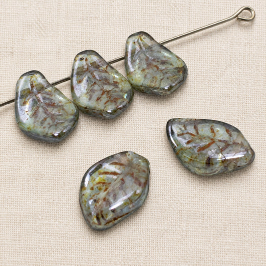 Green Leaf Beads with Bronze Wash, 25-Pack Czech Glass Autumn Nature Jewelry Making