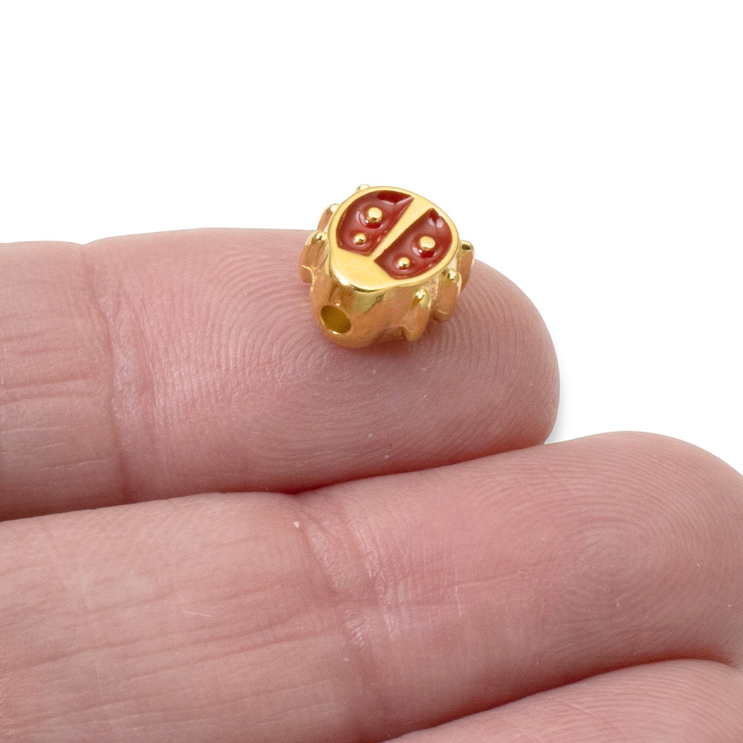 Red Enamel Ladybug Beads, 2Pc 24k Gold Plated, Spring Garden Nature Jewelry