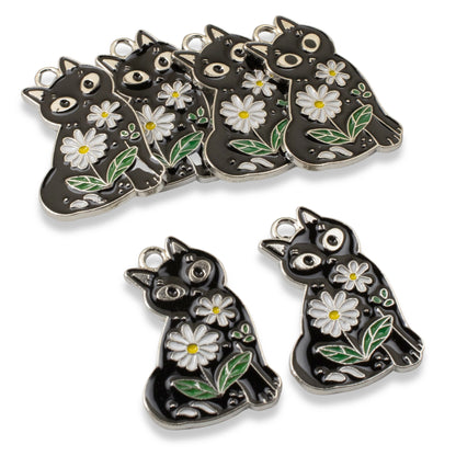 6 Whimsical Black Cat Charms - Daisy-Adorned Enamel Pendants - Cat Lover Gift