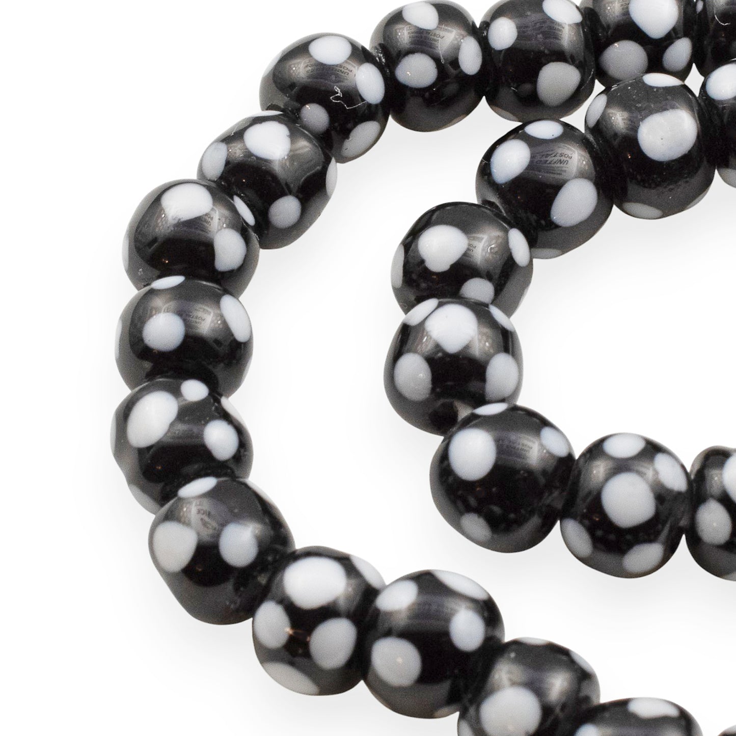 Black Glass Lampwork Beads with Light Gray Dots, Handmade Indonesian Beads, 6-8mm Round, 17" Strand 60-65 Beads