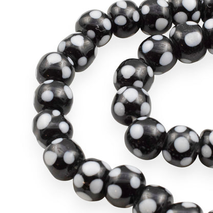 Black Glass Lampwork Beads with Light Gray Dots, Handmade Indonesian Beads, 6-8mm Round, 17" Strand 60-65 Beads