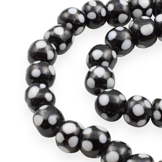 Black Glass Lampwork Beads with Light Gray Dots, Handmade Indonesian Beads, 6-8mm Round, 17" Strand 60-65 Beads