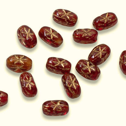 Red Rice Beads Gold Star, 50-Pack Czech Glass Christmas Holiday Jewelry