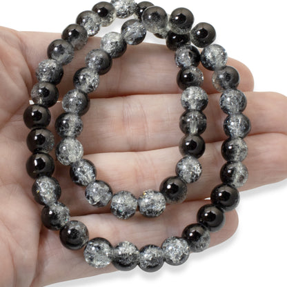 50-Pack 8mm Black & Clear Crackle Glass Beads, Two-Tone Beads for DIY Jewelry