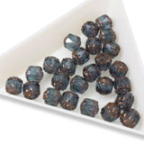 25 Faceted 6mm Crown Cathedral Beads - Montana Blue + Bronze Ends - Czech Glass