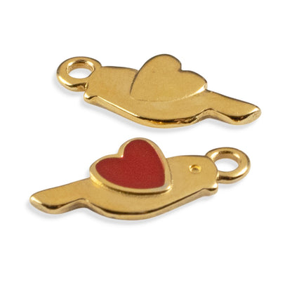 Gold Bird Heart Charms: 24K Gold Red Enamel Martaki Pendant 4-Pack
