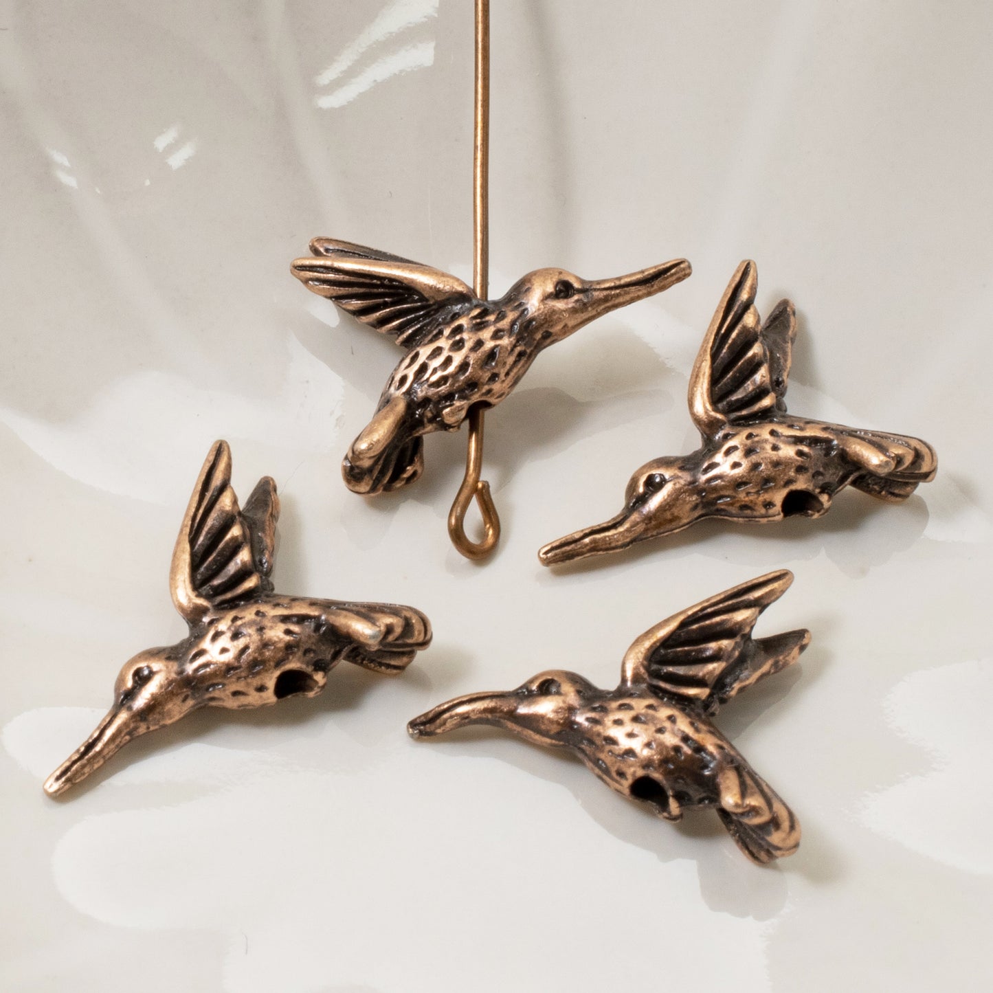 4 Copper Hummingbird Beads - Nature-Inspired 3D Birds for Jewelry Crafts