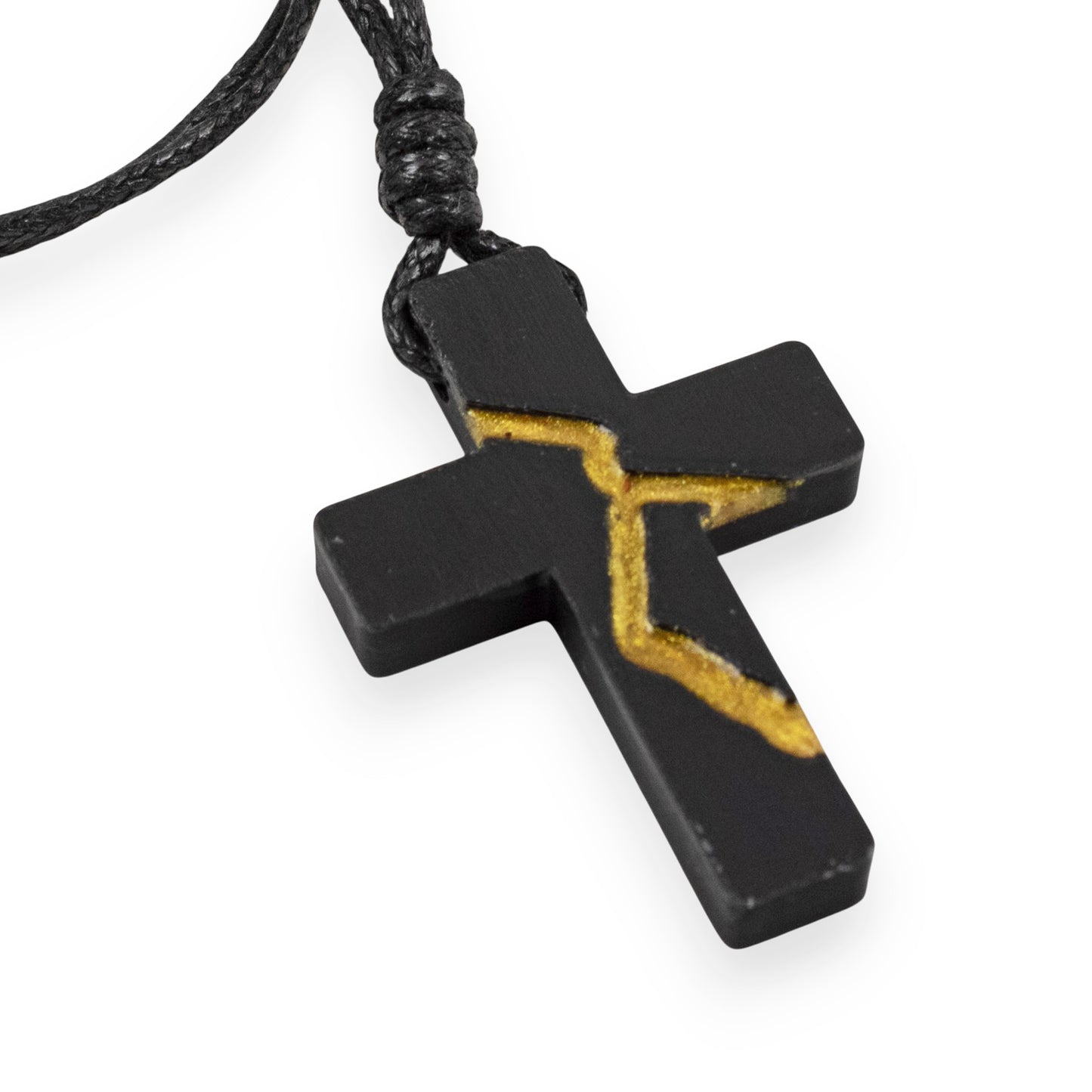 Black Kintsugi Cross Necklace, Inspirational Wearable Art, Handmade Pendant, Meaningful Gift, Japanese Philosophy Jewelry