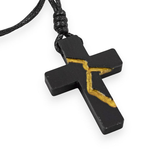 Black Kintsugi Cross Necklace, Inspirational Wearable Art, Handmade Pendant, Meaningful Gift, Japanese Philosophy Jewelry