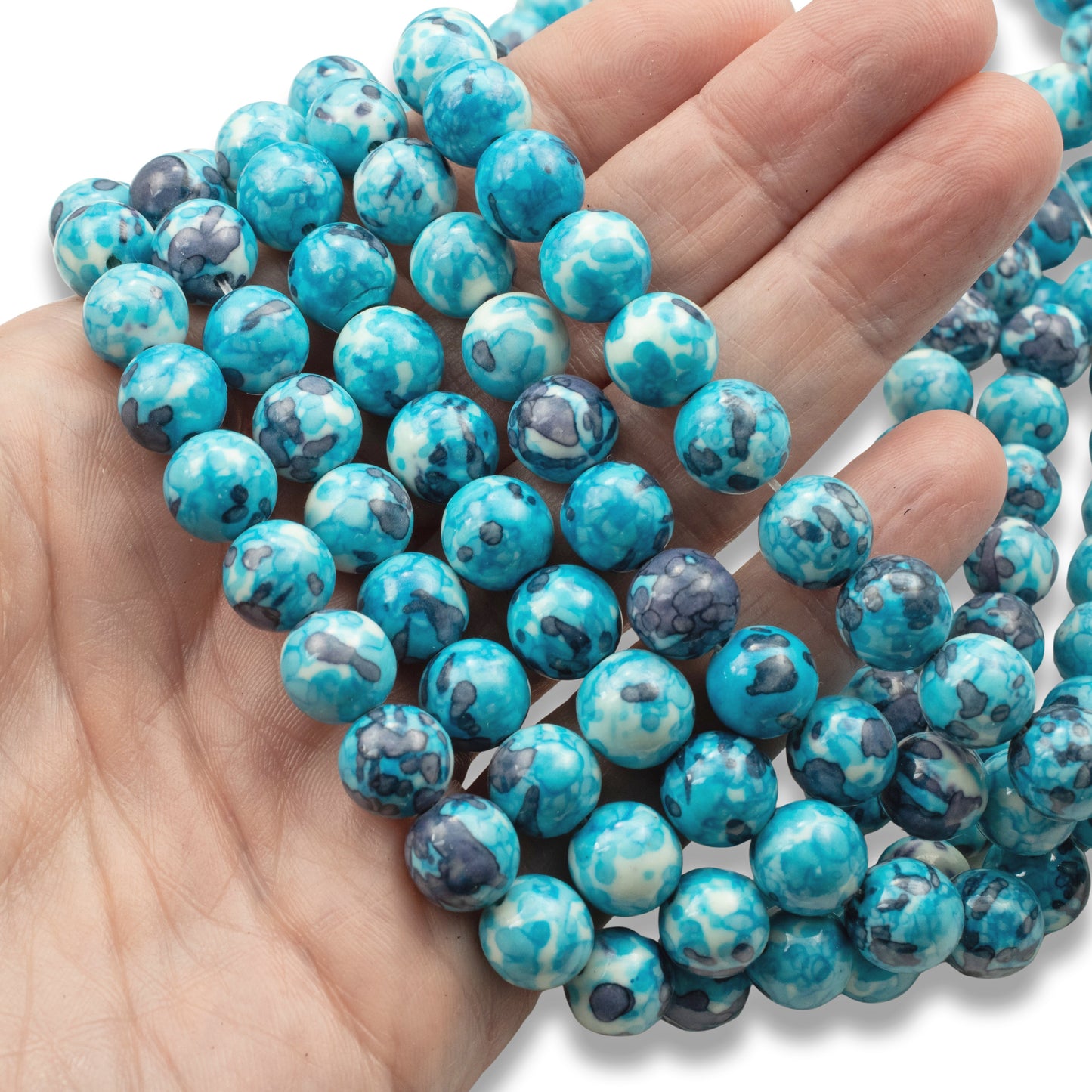 Aqua Blue Round Gemstone Beads: 10mm Natural Stone for Jewelry Making, Watercolor Pattern