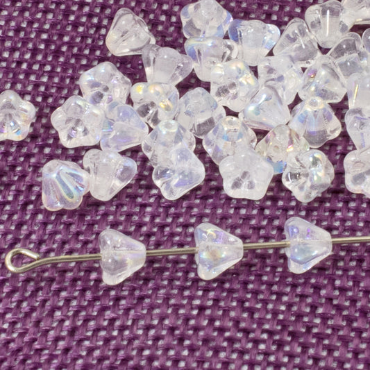 100pcs Clear AB Czech Glass Mini Bell Flower Beads, 4x6mm Rainbow Iridescent