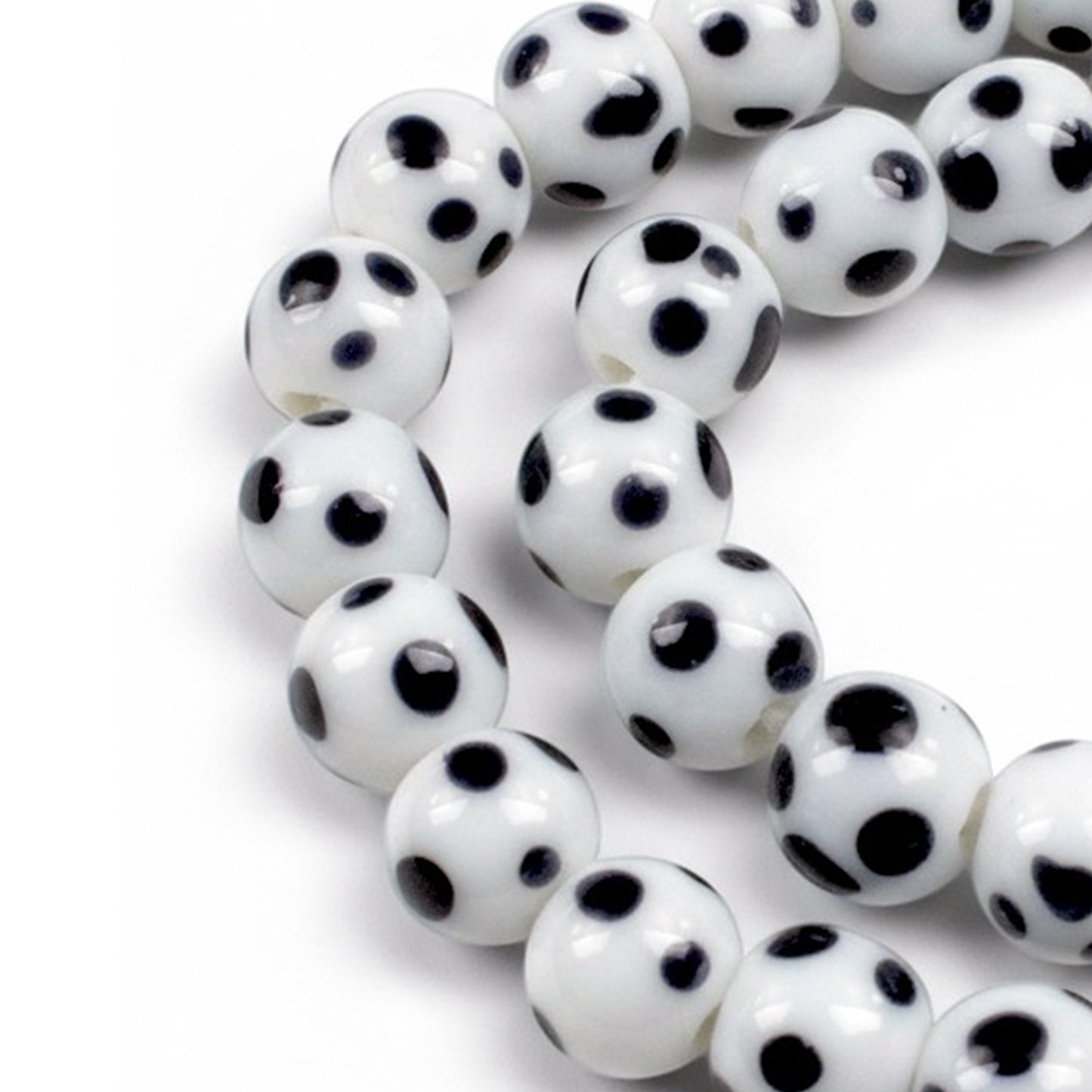 Polka Dot Lampwork Beads: Off-White Black Dot Indonesian Glass 8mm 17-Inch Strand