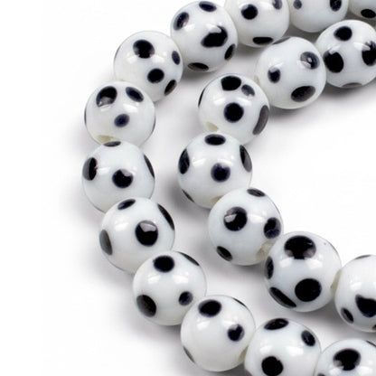 Polka Dot Lampwork Beads: Off-White Black Dot Indonesian Glass 8mm 17-Inch Strand