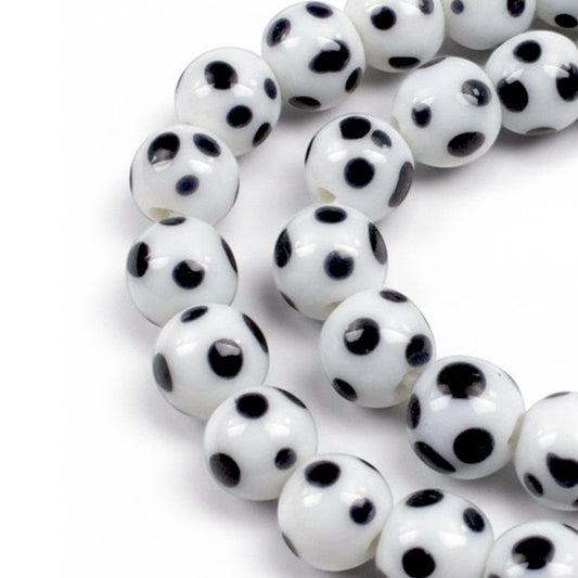 Polka Dot Lampwork Beads: Off-White Black Dot Indonesian Glass 8mm 17-Inch Strand