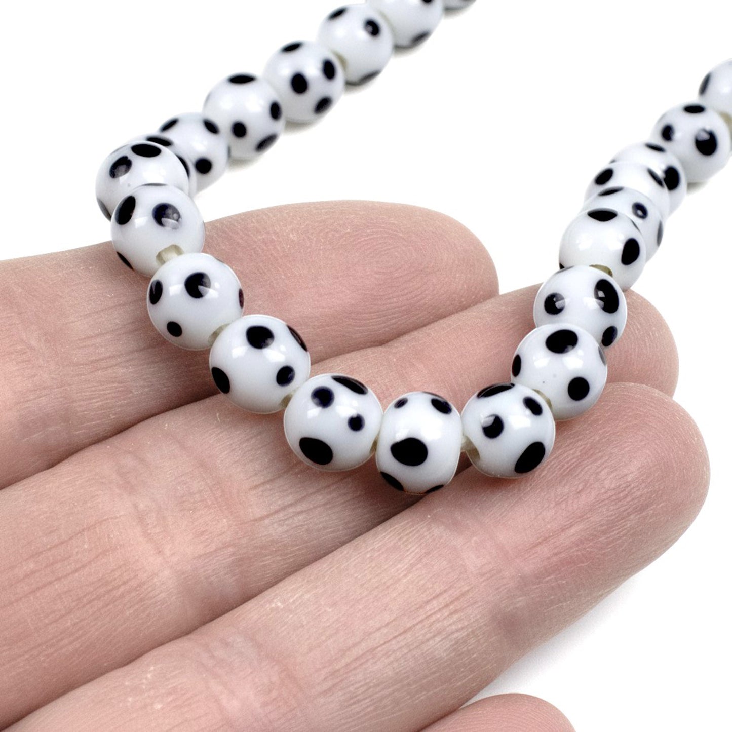 Polka Dot Lampwork Beads: Off-White Black Dot Indonesian Glass 8mm 17-Inch Strand