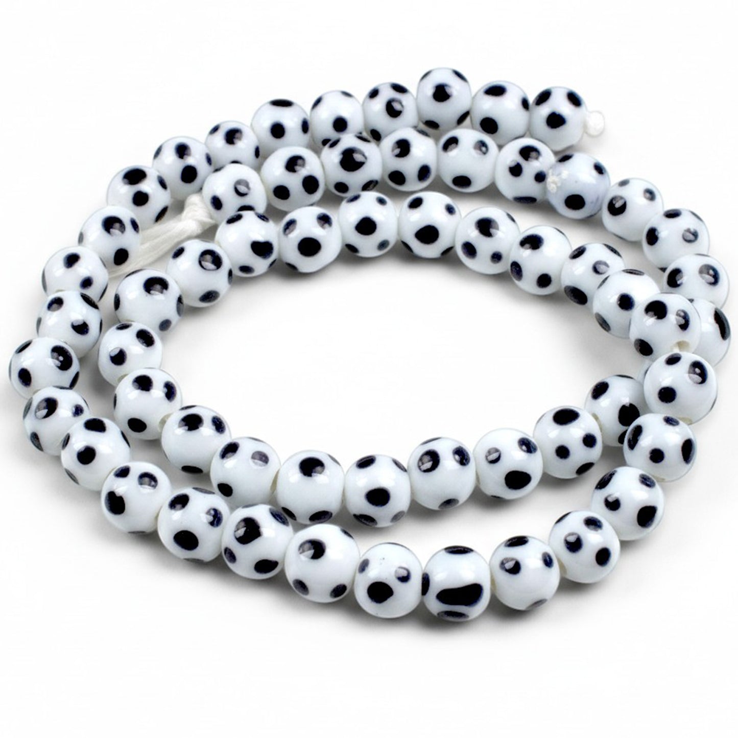 Polka Dot Lampwork Beads: Off-White Black Dot Indonesian Glass 8mm 17-Inch Strand