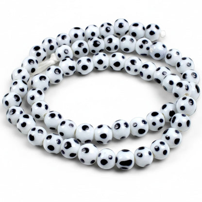 Polka Dot Lampwork Beads: Off-White Black Dot Indonesian Glass 8mm 17-Inch Strand