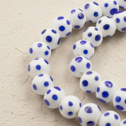 Blue Dots White Lampwork Glass Beads, Handmade Indonesian, 8mm Round Spotted Beads, 58Pcs per 17" Strand
