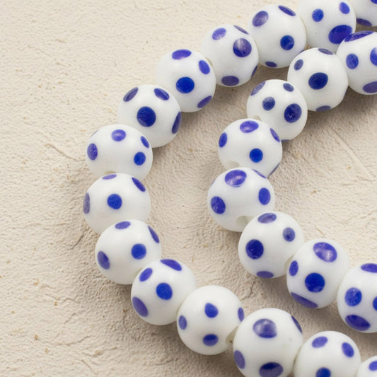 Blue Dots White Lampwork Glass Beads, Handmade Indonesian, 8mm Round Spotted Beads, 58Pcs per 17" Strand