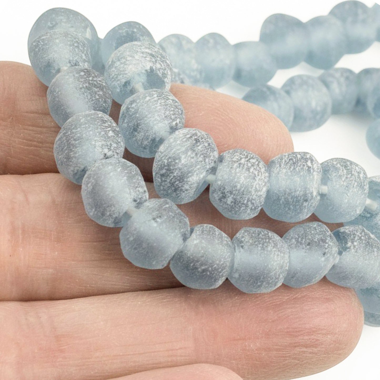 Blue Green Recycled Glass Beads: Matte Frosted Rough Round 50 Beads/Strand Coastal Boho
