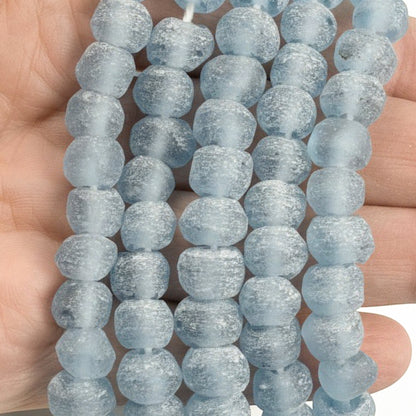 Blue Green Recycled Glass Beads: Matte Frosted Rough Round 50 Beads/Strand Coastal Boho