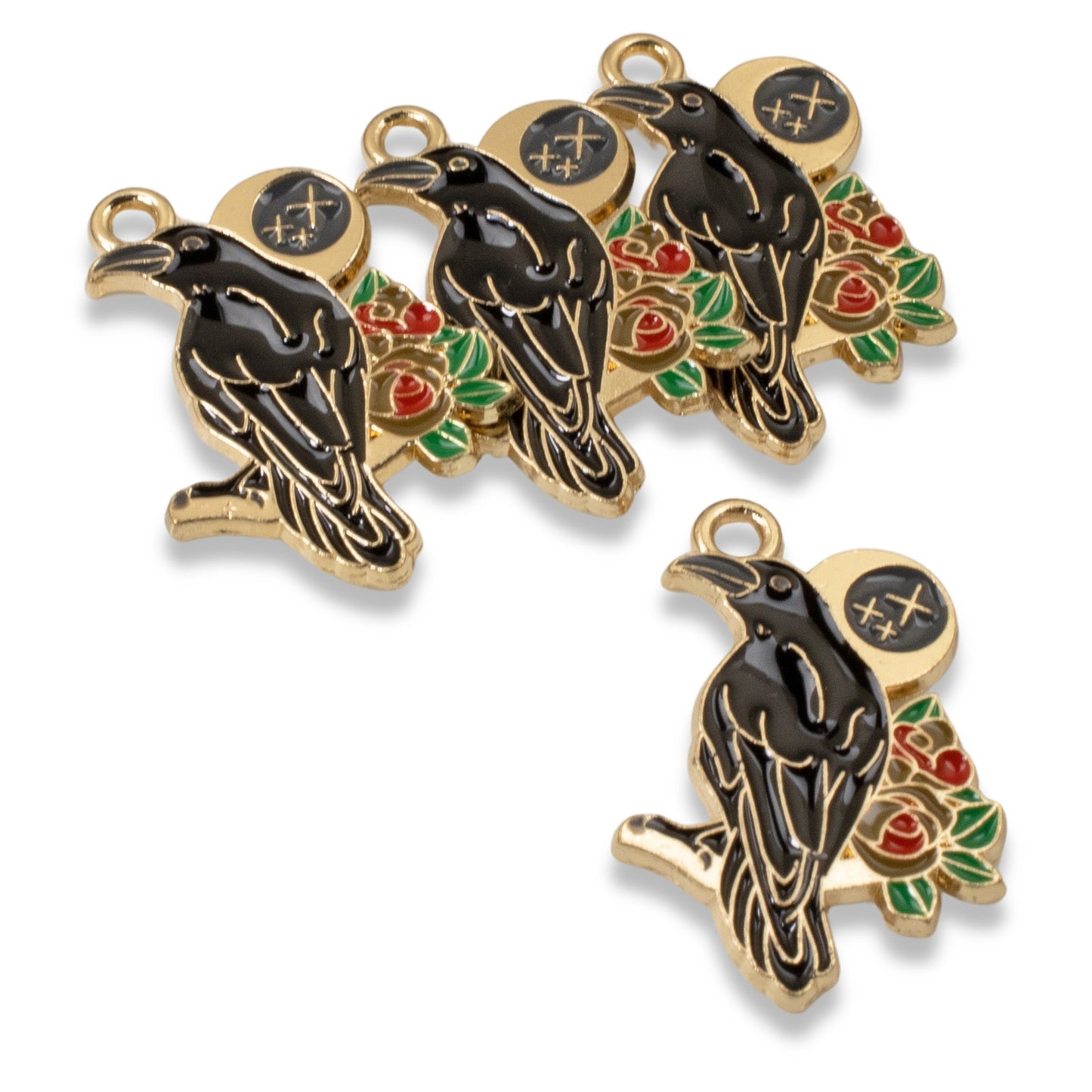 Black Raven + Moon & Rose Charms - 4-Pack Gothic Enamel Pendants for DIY Jewelry