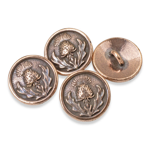 4 Copper Thistle Buttons, TierraCast Designed Leather Clasp + Shank Back