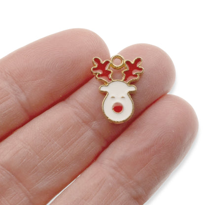 Red Reindeer Christmas Charms, 10-Pack Enamel Holiday Deer Face Pendants