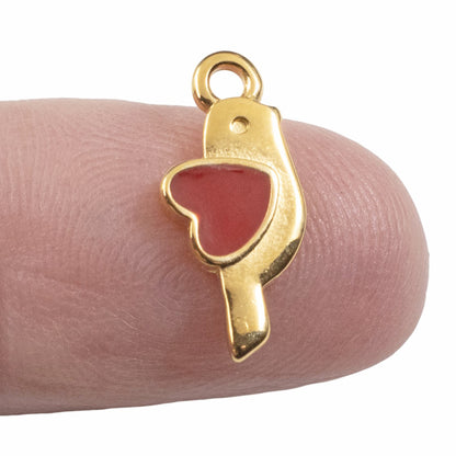 Gold Bird Heart Charms: 24K Gold Red Enamel Martaki Pendant 4-Pack