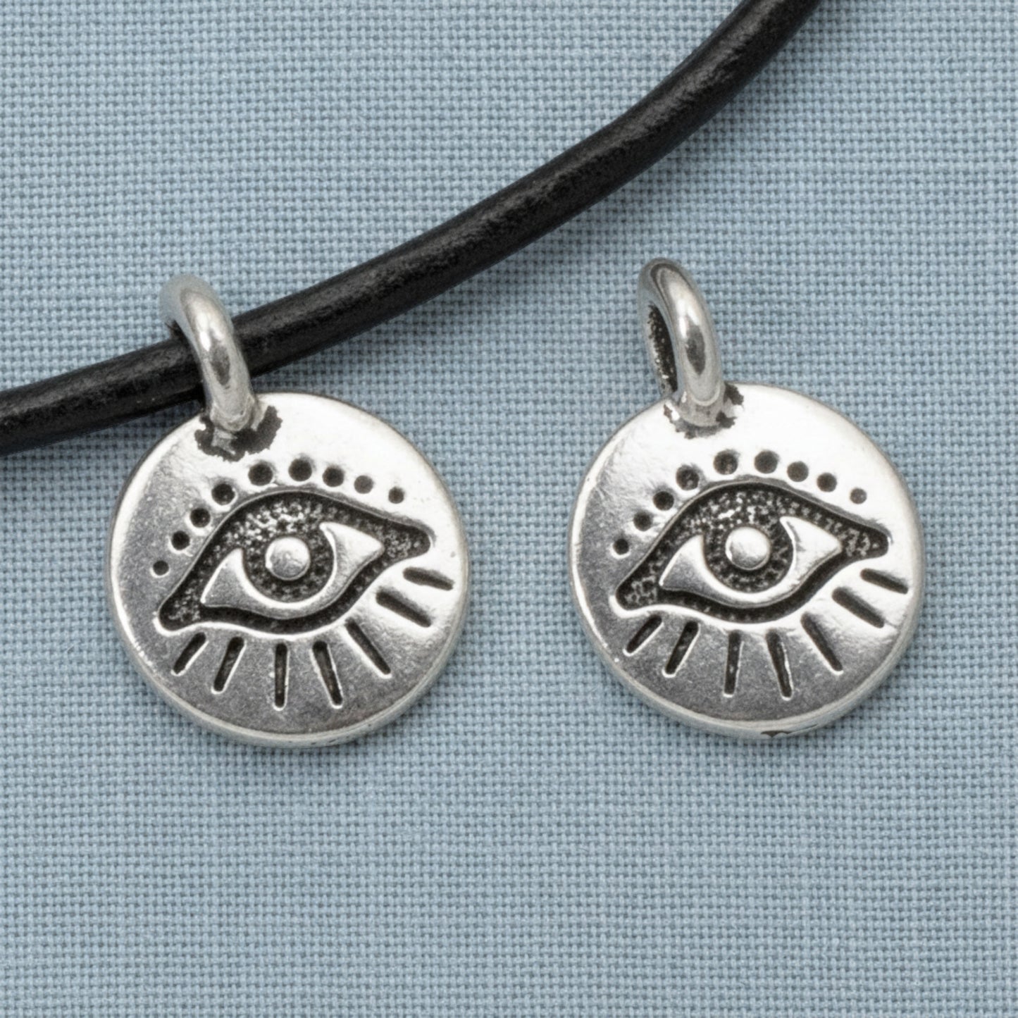 Silver Evil Eye Charm Pendants, Matching Pair for Leather Cord, 2-Pack