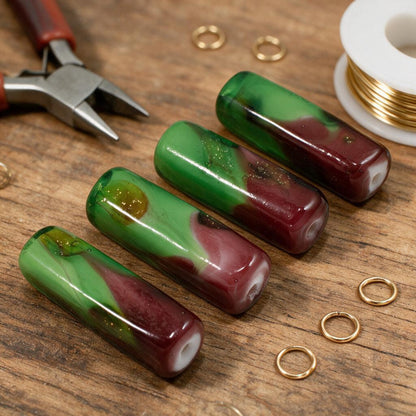4 Green & Pink Lampwork Beads - Handmade Square Tube - Large Focal - DIY Jewelry-Making