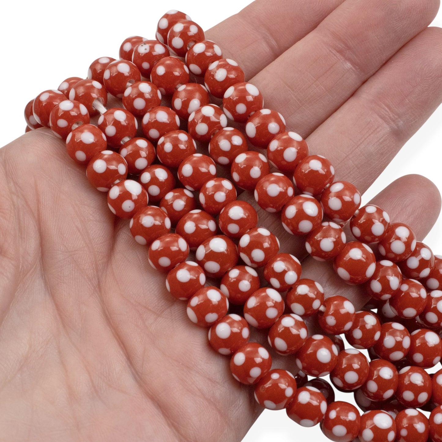 Red with White Dots Lampwork Glass Beads, Handmade Indonesian, 8mm 17" Strand
