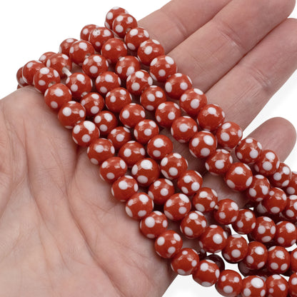 Red with White Dots Lampwork Glass Beads, Handmade Indonesian, 8mm 17" Strand