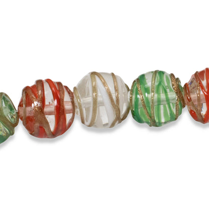 Set of 12 Christmas Lampwork Beads, Red, Green, White Swirl, 12mm Round