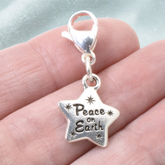 Silver Peace on Earth Clip-On Charm, Christmas Holiday, Spiritual Jewelry Gift