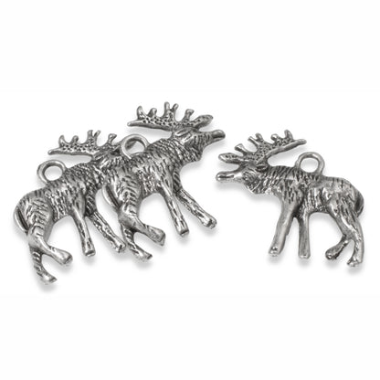 10 Moose Charms, Dark Silver Metal Elk Pendants for Wildlife Inspired Jewelry