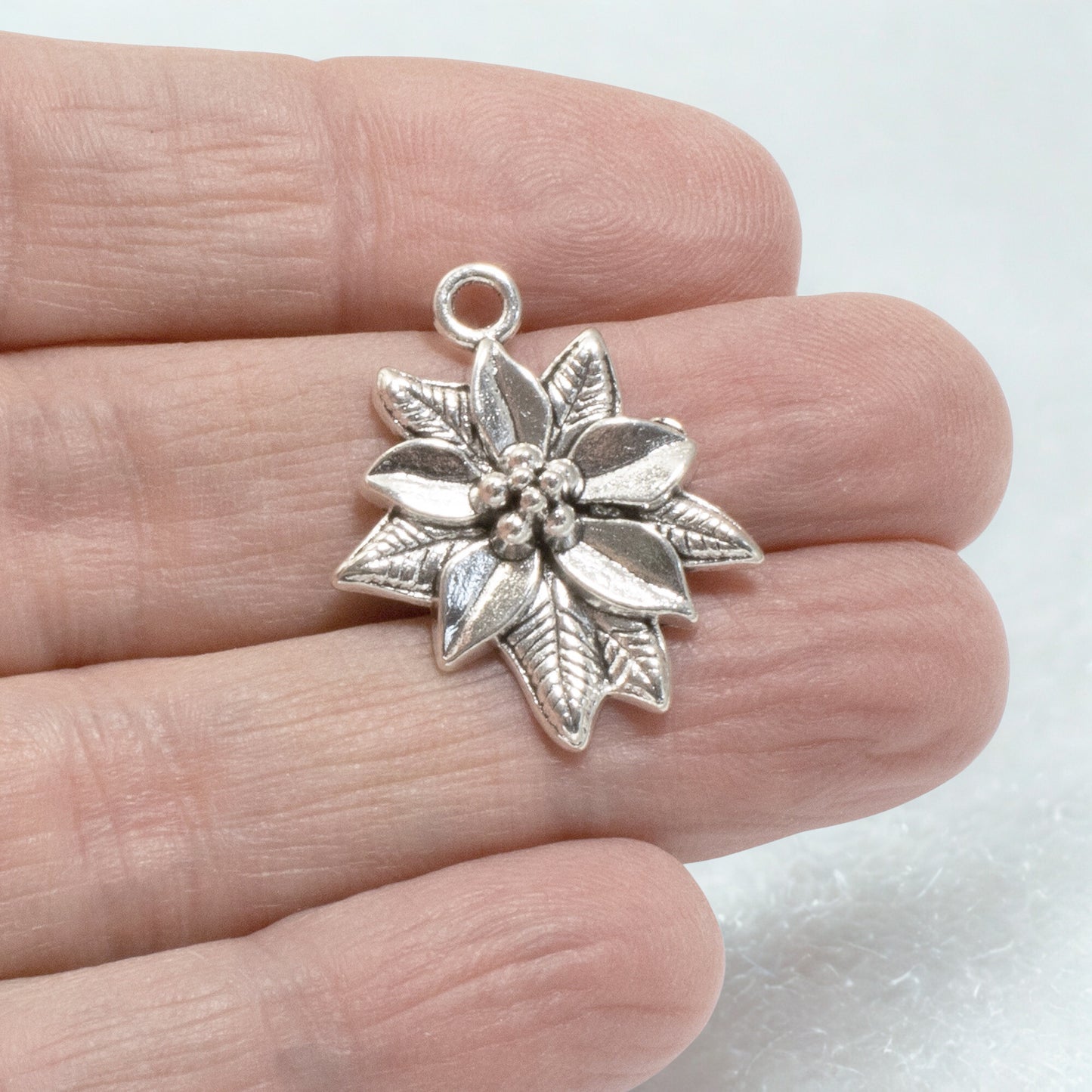 6 Silver Poinsettia Pendants - Festive Christmas Charms - Holiday Jewelry Making