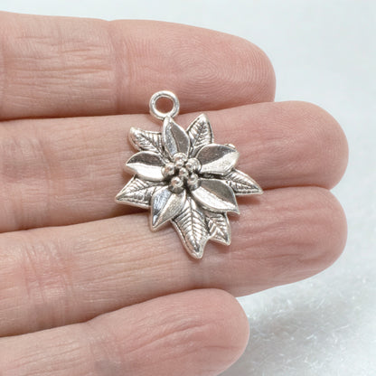 6 Silver Poinsettia Pendants - Festive Christmas Charms - Holiday Jewelry Making