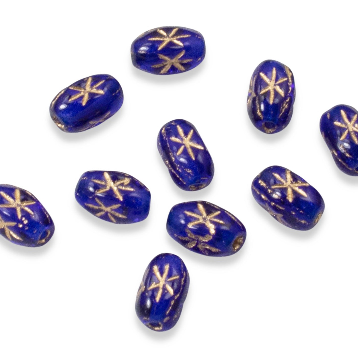 100pcs Cobalt Blue Czech Glass Rice Beads, 6x4mm, Gold Celestial Star Design