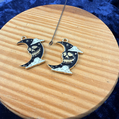 Skull Moon Charms 4-Pack, Gothic Black Gold Enamel Pendants Halloween Jewelry