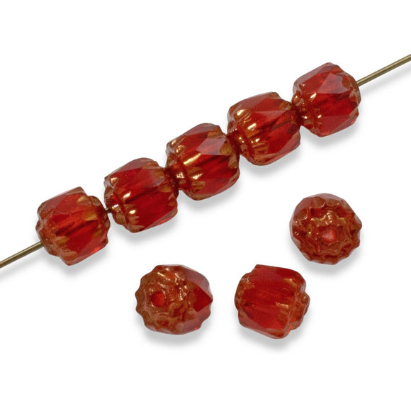 25 Faceted 6mm Crown Cathedral Beads - Siam Red + Bronze Ends - Czech Glass