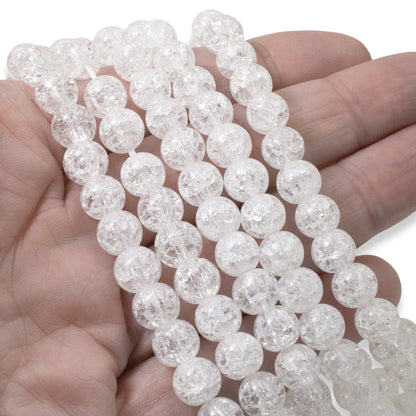 White 8mm Round Glass Crackle Beads, 15" Strand for Jewelry Making